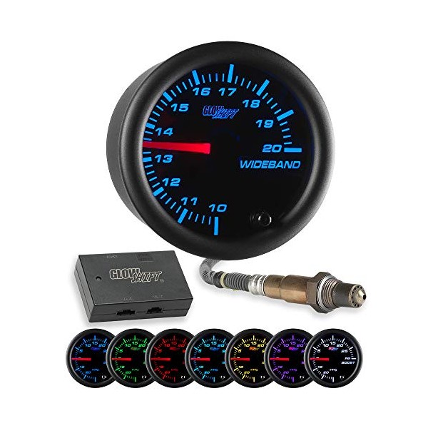 GlowShift Black 7 Color Analog Needle Wideband Air / Fuel Ratio AFR Gauge - Includes Oxygen Sensor, Data Logging Output & Weld-in Bung - Black Dial - Clear Lens - 2-1/16" 52mm
