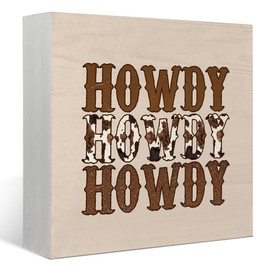 FLVGE Howdy Western Wood Box Sign, Western Desk Decor for Home Office Boys Room Shelf,Cowgirl Room Decor, Country Cow Print Box Block Sign for Teen Girls & Women 5x5 Inch