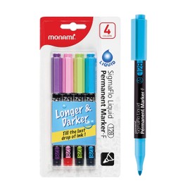 MONAMI SigmaFlo Liquid Permanent Marker 128, Fine Tip (2.0mm), Liquid Ink Direct Delivery System, Assorted Colors, 4-Pack