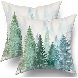 Pine Tree Throw Pillow Covers 16x16 Set of 2 Watercolor Blue Green Cotton Square Rustic Style Natural Forest Fog Print Decorative Pillowcase Spring Summer Cushion Cover for Home Sofa Bed Outdoor