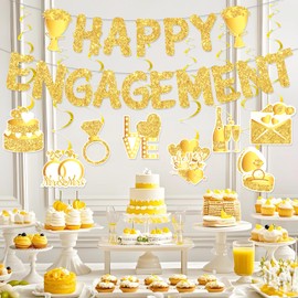 10Pcs Engagement Party Decorations Happy Engagement Banner with 8pcs Glitter Gold Hanging Swirls Decor for Congratulation Wedding Engagement Just Engaged Party Wedding Shower Signs Decor
