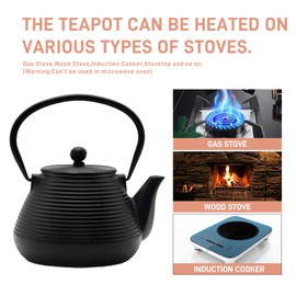 20.3oz Small Cast Iron Teapot, SECHUDO Cast Iron Tea Kettle for Stovetop Safe Coated with Enameled Interior, Cast Iron Tea Pot with Stainless Steel Infuser for Loose Tea (Black Pinstripe Pattern)