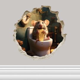 Eating Mouse On Toilet in Mouse Hole - 3D Wall Sticker Decal, Cartoon Home Decor Vinyl Art, Bookcase, Laptop, Classroom, Kids Room, Bedroom, Children, Adorable