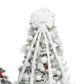 Hismir Christmas Tree Topper Bow，53x13 Inches Large Christmas Bow with Glitter Streamer and Patterned Ribbon，Decorative Bows for Xmas Tree Wreath Door Festival Home Decor(White)