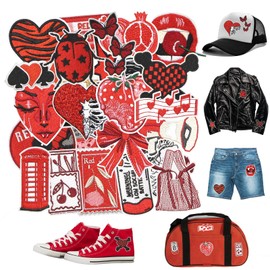 HEYTRCO 26PCS Red Aesthetic Embroidery Patches Iron On Vintage Icon Heart Strawberry Butterfly Applique for Jackets Bags Hats DIY Clothing Accessories