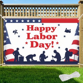 Happy Labor Day Backdrop Banner with 6m Hanging Ribbon - 70.8x43.3 Inch Large Labor Day Party Decorations, Durable Polyester Photo Booth Background for Backyard, Wall, Fence, Indoor Outdoor
