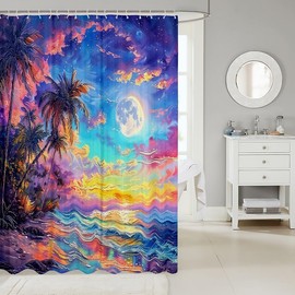 Cortina de baño de acuarela con ondas de mar, colorido cielo pintura al óleo Sunny Beach Baño Cortina de ducha para niños y niños, tela impermeable con ganchos para puestos, 72 de ancho x 78 pulgadas