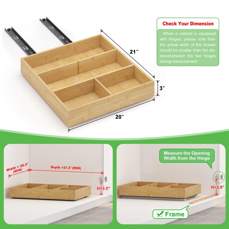 LUHENPING No Drill Pull Out Drawers for Cabinets, 20" W