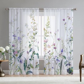 Fereyis Floral Sheer Curtains for Living Room 84 inch Length 2 Panels Set Elegant Purple Flower Green Leaves Printed Window Curtain Chiffon Drapes for Bedroom