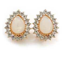 25mm Tall Clear Crystal Milky White Acrylic Stone Teardrop Clip On Earrings in Gold Tone