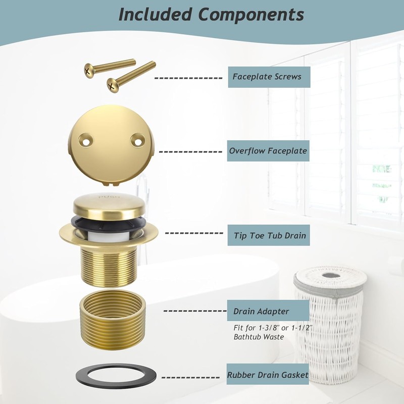 Tip-Toe Bathtub Drain Kit with Two-Hole Overflow Plate, Premium Quality