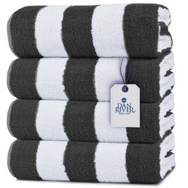 DAN RIVER 100% Rignspun Cotton Stripe Beach Towel Set – 30x60 inches, Pack of 4, Grey - Quick-Dry, Ultra Soft, and Super Absorbent