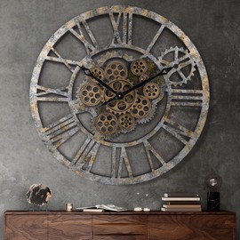 Lafocuse 23 Inch Wooden Real Moving Gears Wall Clock Distressed Bronze,Large Oversized Farmhouse Rustic Vintage Industrial Clock for Living Room Decor
