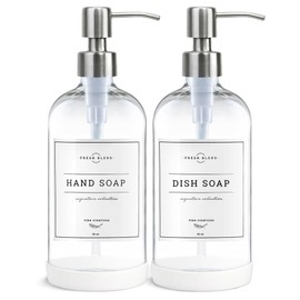 Vine Creations Clear Glass Soap Dispenser, 2 Pack Kitchen Soap Dispenser Set with Stainless Steel Pump, 16 oz Hand Soap or Dish Soap for Bathroom or Kitchen with Waterproof Labels