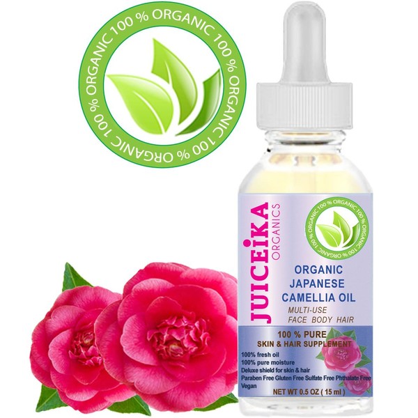ORGANIC Japanese CAMELLIA OIL 100% PURE & REFINED- COLD PRESSED. 100% Pure Moisture for FACE, BODY, HANDS, FEET, MASSAGE, NAILS & HAIR and LIP CARE. (0.5 Fl. oz. - 15 ml.)