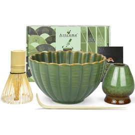Artcome Matcha Tea Set - 17oz Petal-Shaped Matcha Bowl, Bamboo Whisk, Scoop, Whisk Holder & Brewing Guide, Japanese Tea Ceremony Tools for a Perfect Matcha Experience, Matte Green