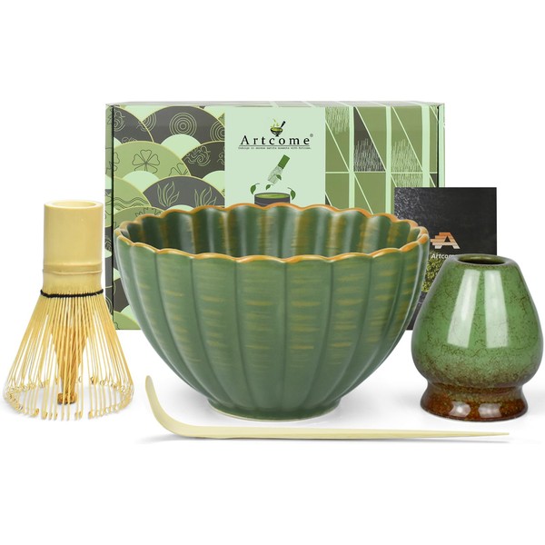 Artcome Matcha Tea Set - 17oz Petal-Shaped Matcha Bowl, Bamboo