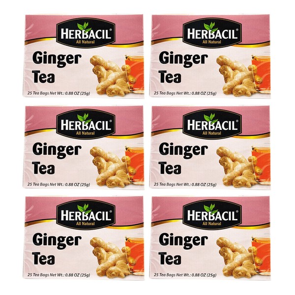 Herbacil Natural Ginger Tea. Supports a Healthy Digestion. 25 Teabags. Pack of 6