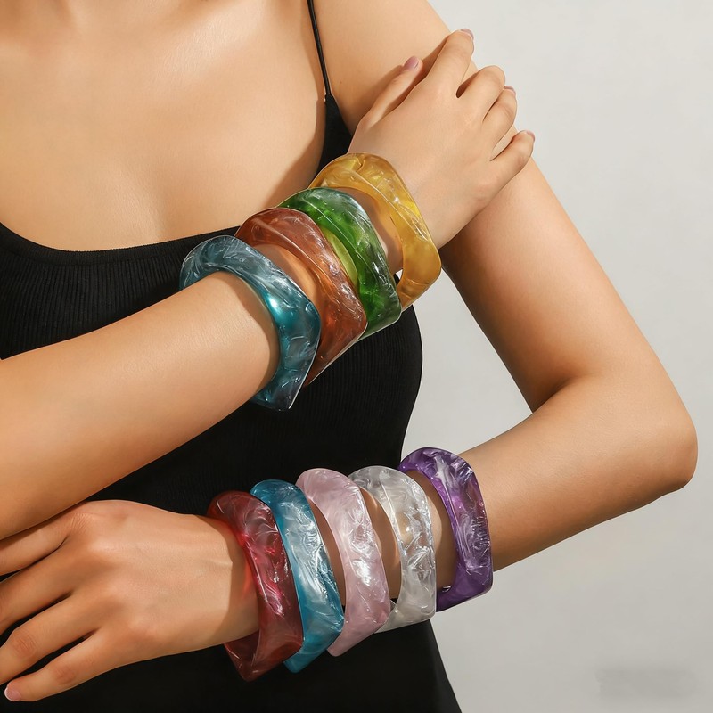 Chunky Transparent Resin Square Bangle - Retro Geometric Acrylic Wristband