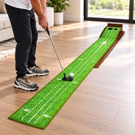 Golf Putting Mat with Wooden Automatic Ball Return, 2-Hole Indoor and Outdoor Putting Green Practice Set