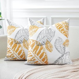 Sungeek Pack of 2 Leaf Print Decorative Cushion Covers Soft Pillow Covers with Invisible Zipper Square Throw Pillow Cases for Sofa Bed Patio Farmhouse Outdoor (Light Coffee+Grey, 45x45 cm)