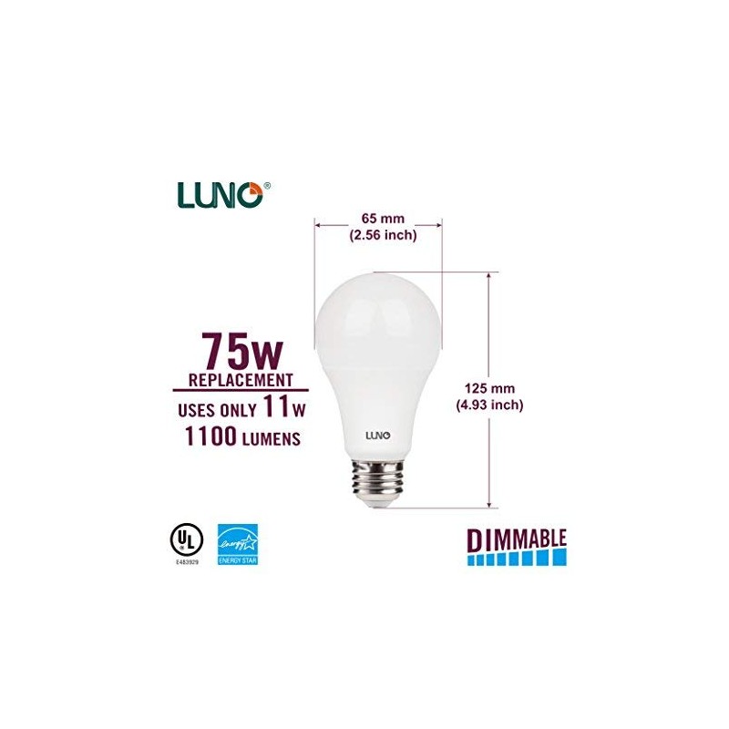 LUNO A19 Dimmable LED Bulb, 11W (75W Equivalent), 1100 Lumens,