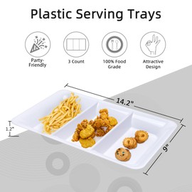 Lullaby 3 Sectional Plastic Serving Tray 14.2" x 9", 3 Pack White Serving Platters for Cheese Cracker Food, Durable and Reusable