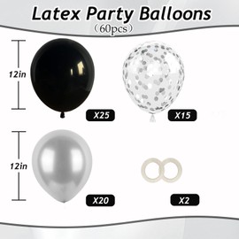 Balloons Silver Black Pack of 60, 12 Inch Metallic Balloons Silver, Confetti Balloons Silver, Helium Balloons for Birthday, Wedding, Valentine's Day, New Year's Eve Decoration