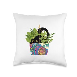 Hiding Black Cat & House Plant in Hanging Garden Planter Pot Throw Pillow