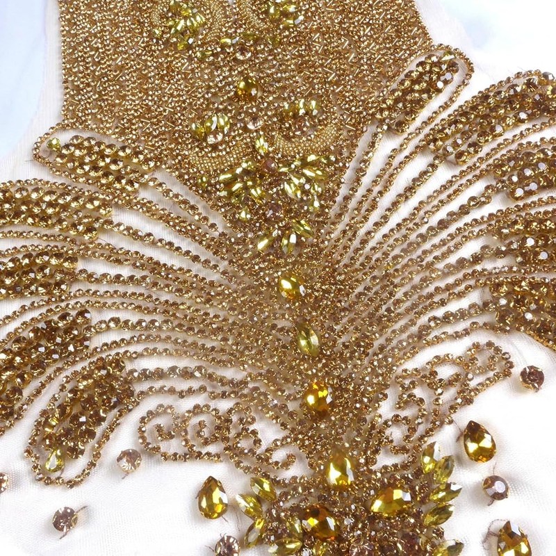 Labellezalay Gold Beaded Appliqué Patches Iron On, Rhinestones Bodice Applique