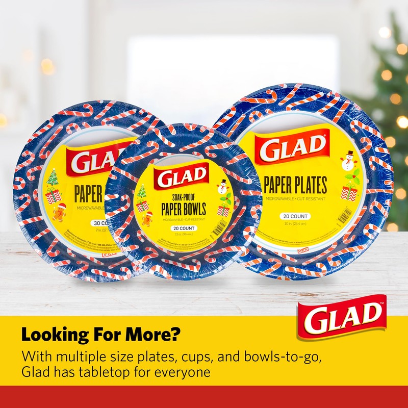 Glad Round Disposable Paper Bowls, Navy Holiday Candy Cane Design