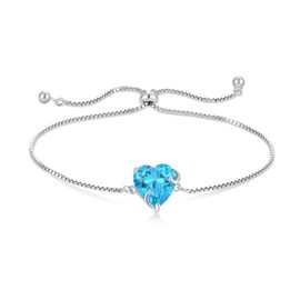 YL Women's Heart Bracelet 925 Sterling Silver Birthstone 5A Cubic Zirconia Bracelet Jewellery Gifts for Mother Girlfriend, Silver, Aquamarine