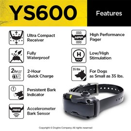 Dogtra YS600 Anti Bark Collar for Medium to Large Dogs, Adjustable 10 Intensity Levels, Vibration Warning, Low/High Stimulation, Waterproof, 2-Hour Quick Charge Rechargeable Battery, w/PetsTEK Clicker