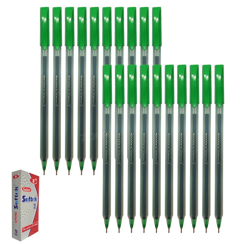 SAINO Softek Ballpoint Pens, GREEN, Fine Point (0.7mm), Pack of