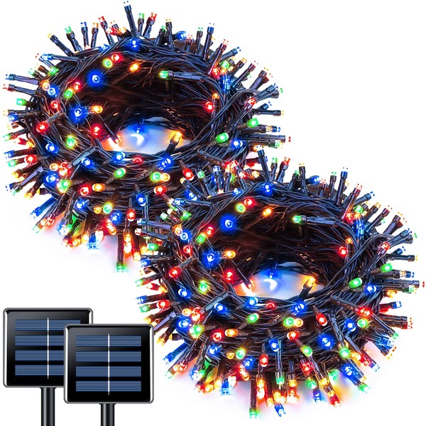 JMEXSUSS 2 Pack Solar String Light 100LED 32.8ft 8 Modes Solar Christmas Lights Waterproof for Gardens, Wedding, Party, Homes, Christmas Tree, Curtains, Outdoors (Multicolor)