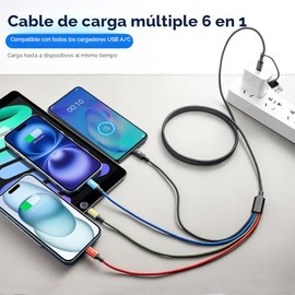 Cable de Carga Múltiple 6 en 1, Paquete de 2 Cables Cargadores Múltiples de 6 Pies para Todos los Dispositivos Cable Trenzado USB A/C a Lightning/Tipo