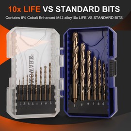 COMOWARE Cobalt Drill Bit Set- 14Pcs M42 8% Cobalt High Speed Steel Twist Jobber Length for Hardened Metal, Stainless Steel, Cast Iron and Wood Plastic with Indexed Storage Case, 1/16"-1/2"