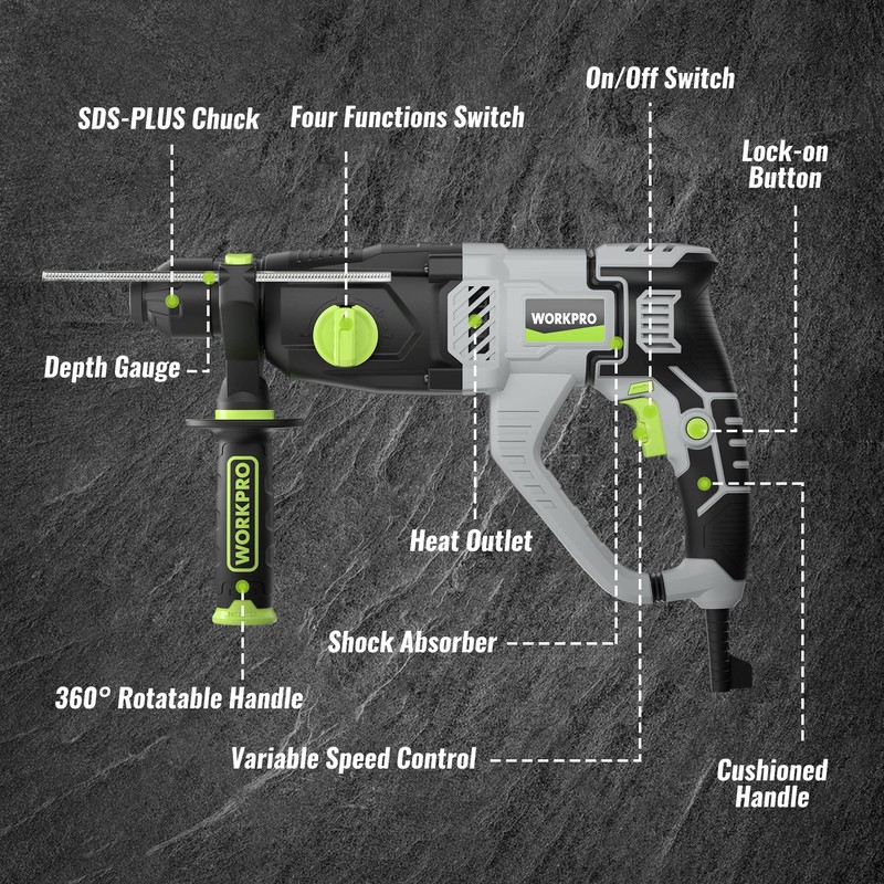 WORKPRO 1-1/4 Inch SDS-Plus Rotary Hammer Drill, 7.5AMP, Lightweight Corded