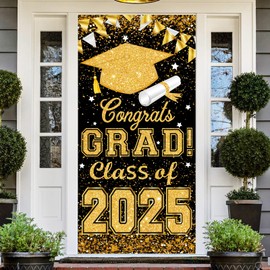 73 x 36 Inch Congrats Grad Class of 2025 Sign Banner Door Cover, Graduation Party Decorations, Large Front Door Porch Sign Backdrop for Wall Indoor Outdoor Photo Booth Props Party Supplies (Gold)