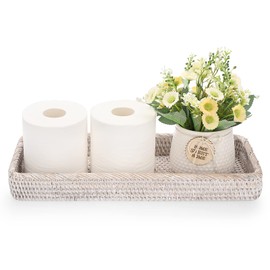 Sumnacon 16 Inch Rattan Bathroom Vanity Tray - Decorative Wicker Toilet Tank Tray for Paper Hand Towel, Vintage Storage Basket Bin for Bathroom Kitchen Toilet Tank Vanity Countertop Table Shelf，White