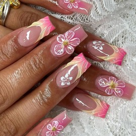 Square Press on Nails Medium Length Fake Nails Pink Yellow French Nails Press ons Glossy Glue on Nails Nude Acrylic Nails Gradient False Nails with Flower Designs Cute Stick on Nails for Women 24Pcs