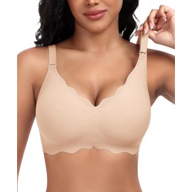 DOCUMO Bras for Women Scalloped No Underwire Wireless Seamless Bra with Lift and Support Adjustable Soft Semi-Fixed Pads Bralettes(Nude,Medium)