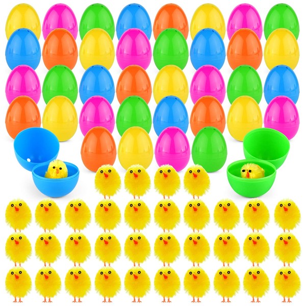 TUPARKA 36Pcs Easter Eggs with 36Pcs Easter Chicks Mini Fully Chenille Easter Chicks Easter Basket Stuffers for Easter Party Favors, Easter Egg Hunt（for Age 3+）