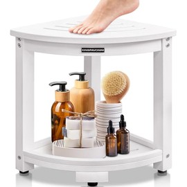 KingPavonini Waterproof Corner Shower Stool for Inside Shower, Anti-Fading Shower Bench for Shaving Legs, HDPS Anti-Fracture Shower Seat with Storage Shelf, Rapid Assembly, Load 400 Pounds