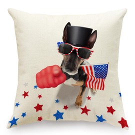 RLCMO Patriotic Star Stripes Dog Throw Pillow Cover 18 x 18 Inch Linen for 4th of July Independence Memorial Day Sofa Couch Decor Family Room Home Decor Car Cushion Cover