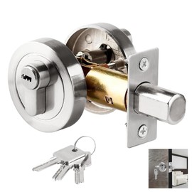 Single Cylinder Deadbolt, Round Deadbolt Door Lock with Keys, Zinc Alloy Internal Door Lock for 35-50mm Front Door, Entrance Door, Bathroom Door, Bedroom Door (Silver)