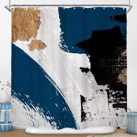 Riyidecor Abstract Blue Black Gold Shower Curtain for Bathroom Decor 72Wx72H Modern Minimalist Aesthetic Oil Painting Simple Neutral White Art Printed Fabric Polyester Waterproof 12 Pack Plastic Hooks
