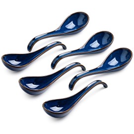 LYEOBOH Soup Spoons set of 6, Chinese Deep Soup Spoon - 6.5 inch Ceramic Korean Tablespoons for Ramen, Rice, Noodle, Asian Spoons with Deep Hook Design, Vintage Blue