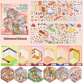 DIY Mini Fun 3D Animal House Scene Stickers Book with Tweezers Make Your Own Restaurant Bakery Teahouse Shop Sticker Scenes Cute Micro Stickers for Relief Stress Pass The Time(6 Designs)
