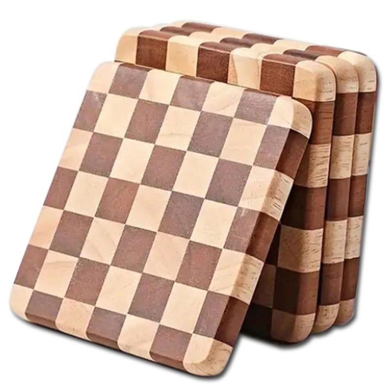 SUZLFTDZSW Wood Coasters with Checkerboard Pattern, Square, 4" Diameter, 2